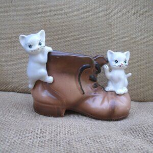 Vintage Kittens & Boot Porcelain Planter Holder